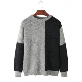 Mens Colorblock Long Sleeve Round Neck Pullover Knitting Sweaters