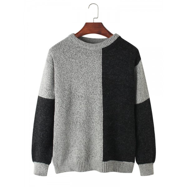 Mens Colorblock Long Sleeve Round Neck Pullover Knitting Sweaters 