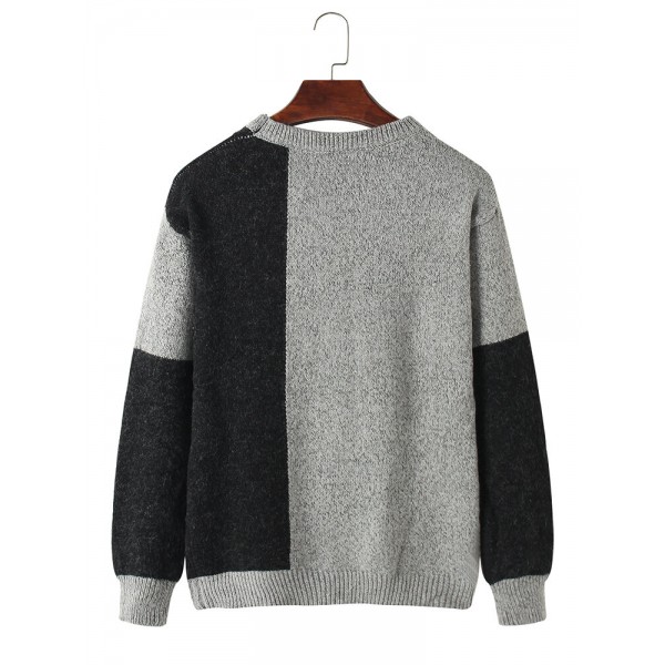 Mens Colorblock Long Sleeve Round Neck Pullover Knitting Sweaters 