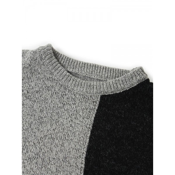 Mens Colorblock Long Sleeve Round Neck Pullover Knitting Sweaters 