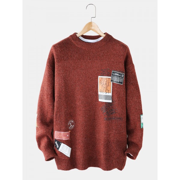 Mens Letter Label Print Round Neck Drop Shoulder Pullover Knitted Sweaters 