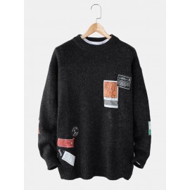 Mens Letter Label Print Round Neck Drop Shoulder Pullover Knitted Sweaters