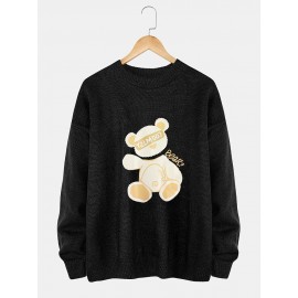 Mens Cartoon Bear Print Crew Neck Knit Casual Pullover Sweaters