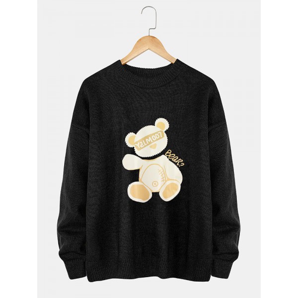 Mens Cartoon Bear Print Crew Neck Knit Casual Pullover Sweaters 