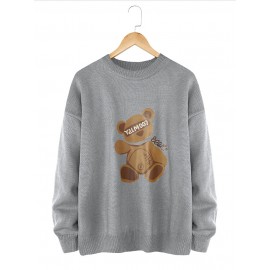 Mens Cartoon Bear Print Crew Neck Knit Casual Pullover Sweaters