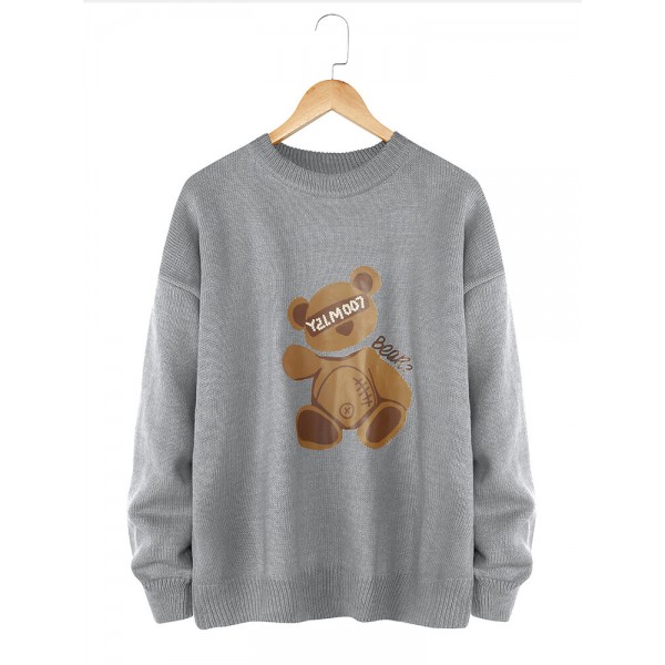 Mens Cartoon Bear Print Crew Neck Knit Casual Pullover Sweaters 