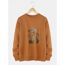 Mens Cartoon Bear Print Crew Neck Knit Casual Pullover Sweaters