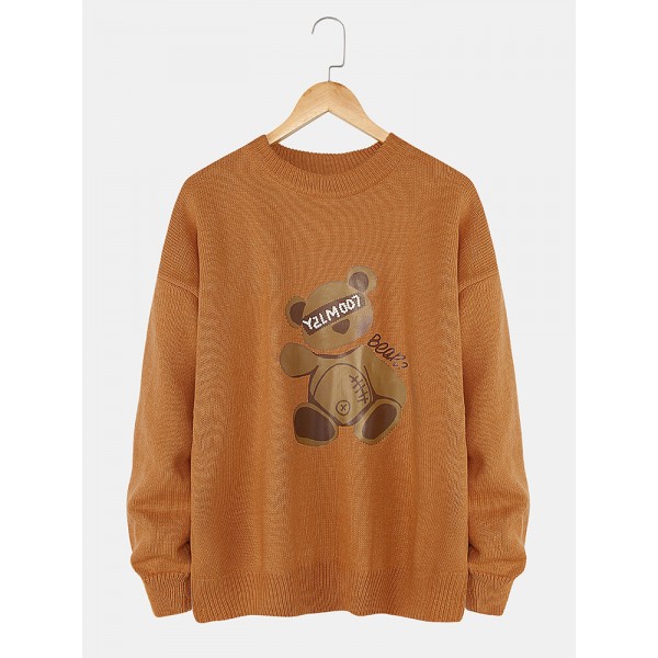 Mens Cartoon Bear Print Crew Neck Knit Casual Pullover Sweaters 