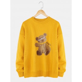 Mens Cartoon Bear Print Crew Neck Knit Casual Pullover Sweaters