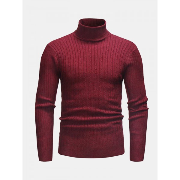 Mens Twisted Knitted High Neck Multi-Color Casual Basic Sweater 