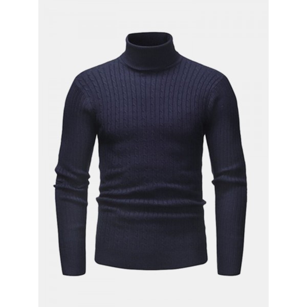 Mens Twisted Knitted High Neck Multi-Color Casual Basic Sweater 