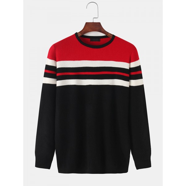 Mens Horizontal Stripe Knit Round Neck Casual Long Sleeve Pullover Sweaters 