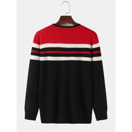 Mens Horizontal Stripe Knit Round Neck Casual Long Sleeve Pullover Sweaters