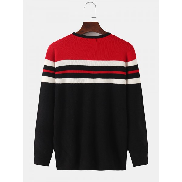 Mens Horizontal Stripe Knit Round Neck Casual Long Sleeve Pullover Sweaters 