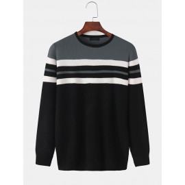 Mens Horizontal Stripe Knit Round Neck Casual Long Sleeve Pullover Sweaters