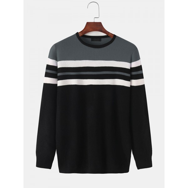 Mens Horizontal Stripe Knit Round Neck Casual Long Sleeve Pullover Sweaters 