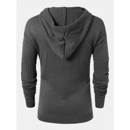 Mens Solid Color Design Cut Out Sleeve Kitted Hooded Sweaters