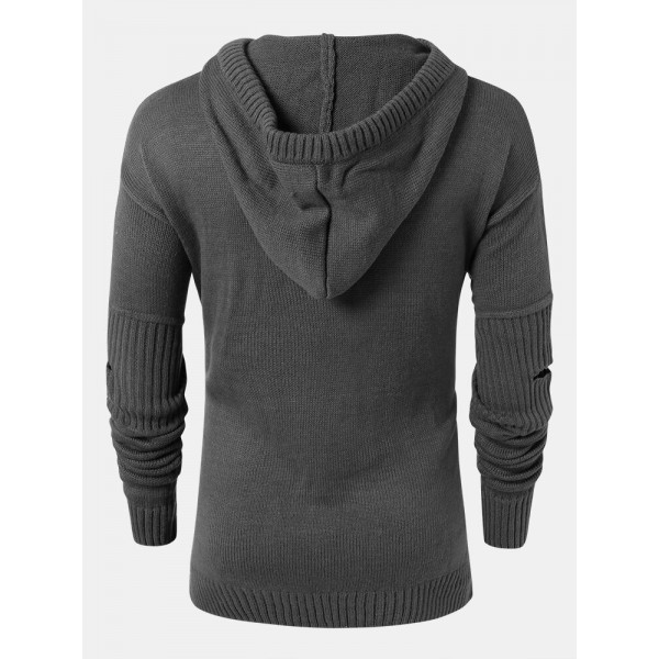 Mens Solid Color Design Cut Out Sleeve Kitted Hooded Sweaters 