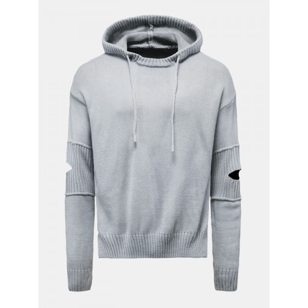 Mens Solid Color Design Cut Out Sleeve Kitted Hooded Sweaters 