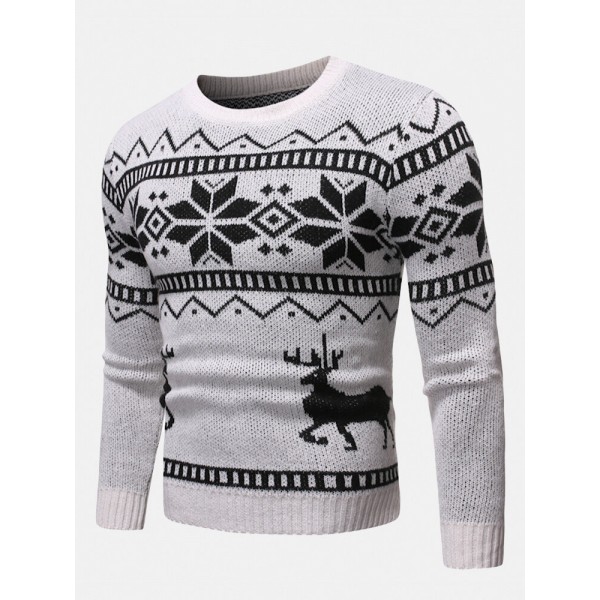 Mens Christmas Pattern Round Neck Slim Fit Casual Knitted Sweater 