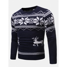 Mens Christmas Pattern Round Neck Slim Fit Casual Knitted Sweater