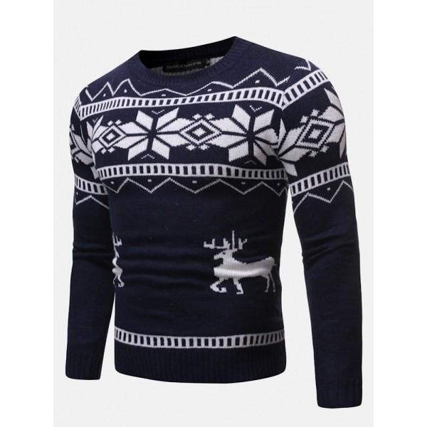 Mens Christmas Pattern Round Neck Slim Fit Casual Knitted Sweater 