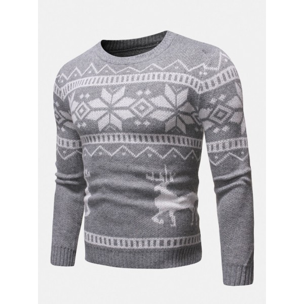 Mens Christmas Pattern Round Neck Slim Fit Casual Knitted Sweater 