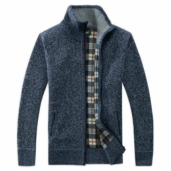 Men Fashion Zipper Plaid Lining Cardigans Stand Collar Thickening Coats 