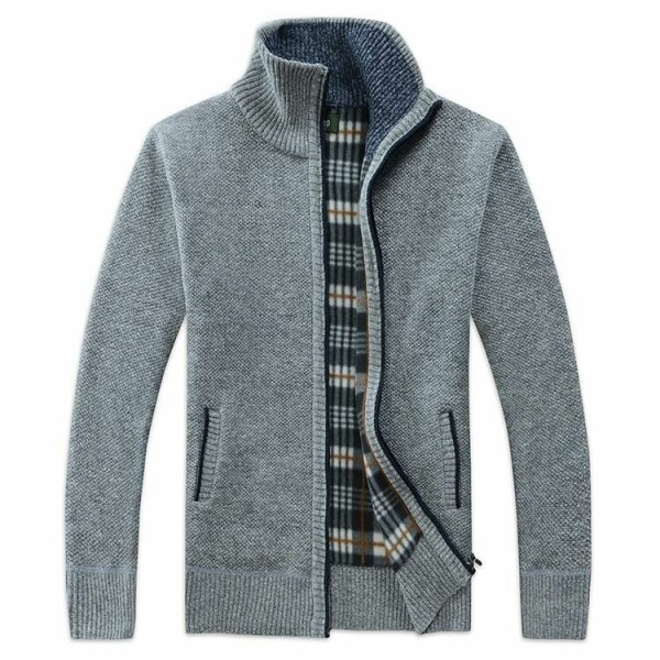 Men Fashion Zipper Plaid Lining Cardigans Stand Collar Thickening Coats 