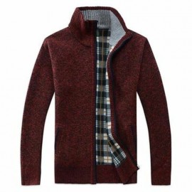 Men Fashion Zipper Plaid Lining Cardigans Stand Collar Thickening Coats