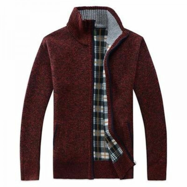 Men Fashion Zipper Plaid Lining Cardigans Stand Collar Thickening Coats 