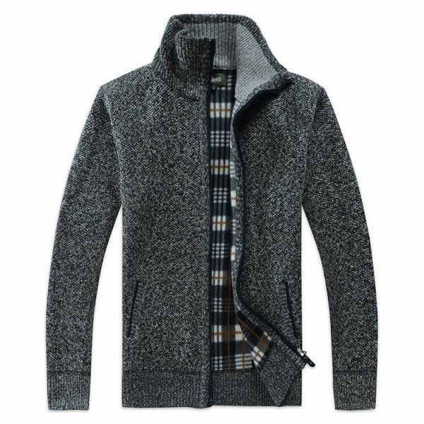 Men Fashion Zipper Plaid Lining Cardigans Stand Collar Thickening Coats 