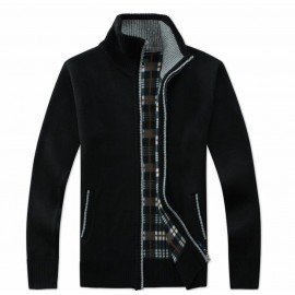 Men Fashion Zipper Plaid Lining Cardigans Stand Collar Thickening Coats