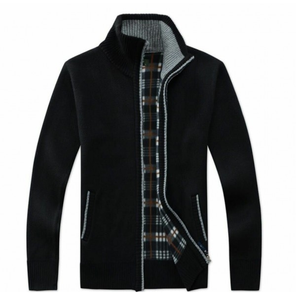 Men Fashion Zipper Plaid Lining Cardigans Stand Collar Thickening Coats 