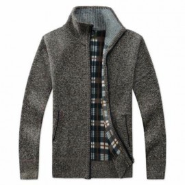 Men Fashion Zipper Plaid Lining Cardigans Stand Collar Thickening Coats