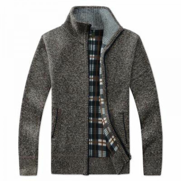 Men Fashion Zipper Plaid Lining Cardigans Stand Collar Thickening Coats 