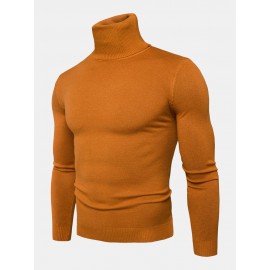 Mens Solid Color High Neck Cotton Knit Casual Long Sleeve Sweaters