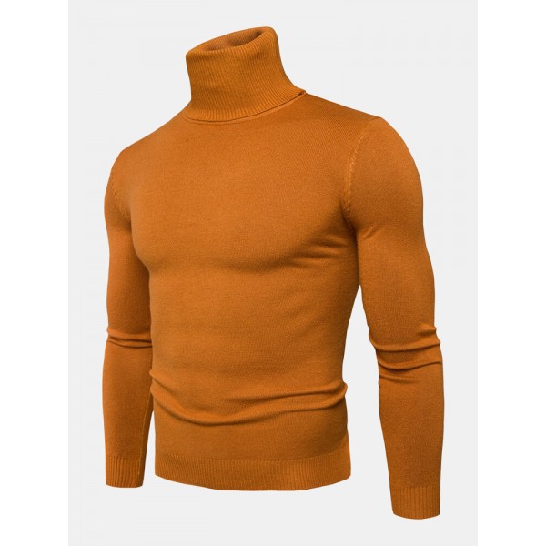 Mens Solid Color High Neck Cotton Knit Casual Long Sleeve Sweaters 