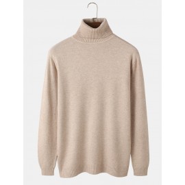 Mens Solid Color High Neck Cotton Knit Casual Long Sleeve Sweaters