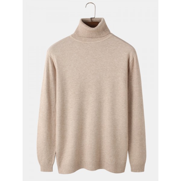 Mens Solid Color High Neck Cotton Knit Casual Long Sleeve Sweaters 