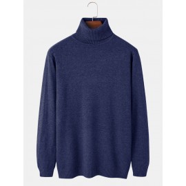 Mens Solid Color High Neck Cotton Knit Casual Long Sleeve Sweaters