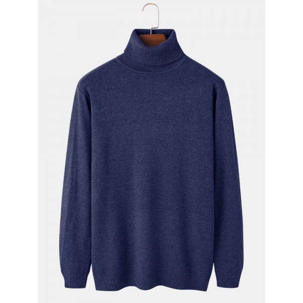 Mens Solid Color High Neck Cotton Knit Casual Long Sleeve Sweaters 