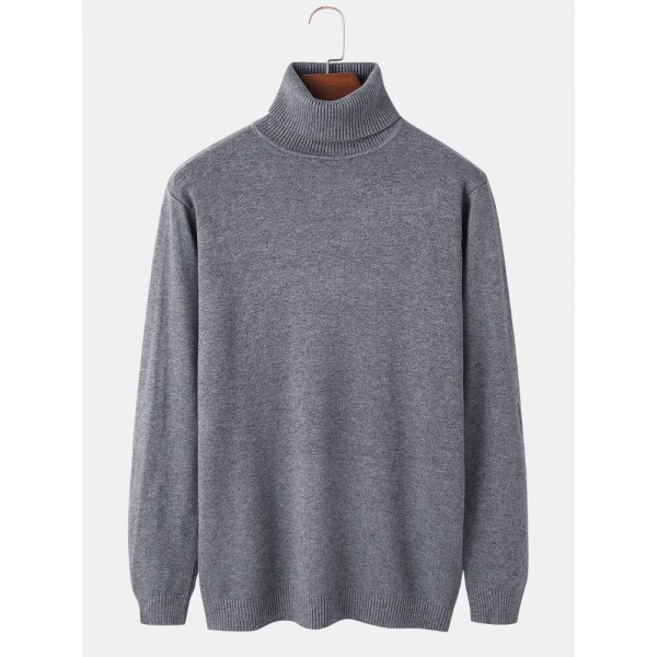 Mens Solid Color High Neck Cotton Knit Casual Long Sleeve Sweaters 