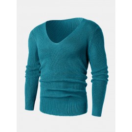 Mens Solid Rib-Knit V-Neck Basic Long Sleeve Pullover Sweaters