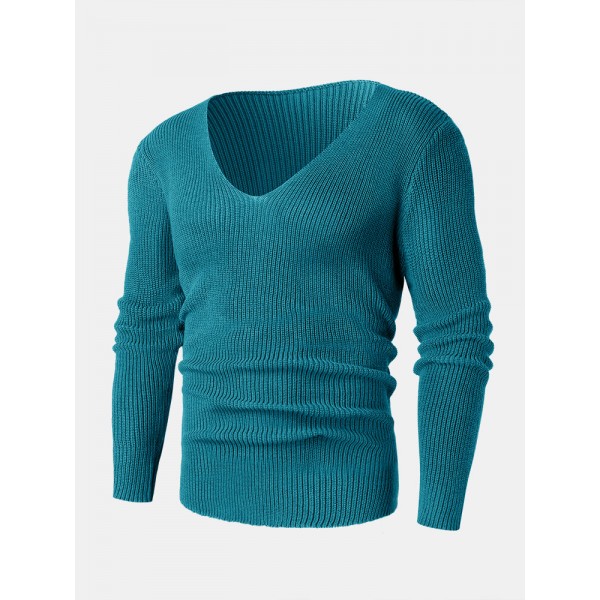 Mens Solid Rib-Knit V-Neck Basic Long Sleeve Pullover Sweaters 