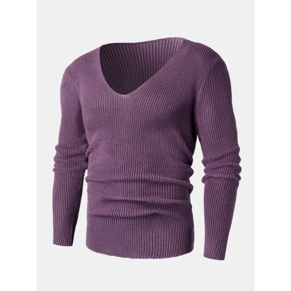 Mens Solid Rib-Knit V-Neck Basic Long Sleeve Pullover Sweaters 