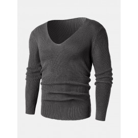 Mens Solid Rib-Knit V-Neck Basic Long Sleeve Pullover Sweaters