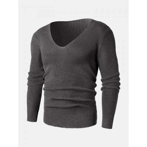 Mens Solid Rib-Knit V-Neck Basic Long Sleeve Pullover Sweaters 