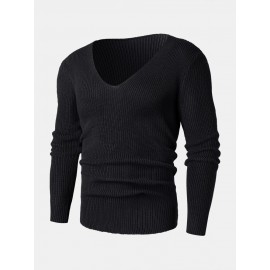 Mens Solid Rib-Knit V-Neck Basic Long Sleeve Pullover Sweaters