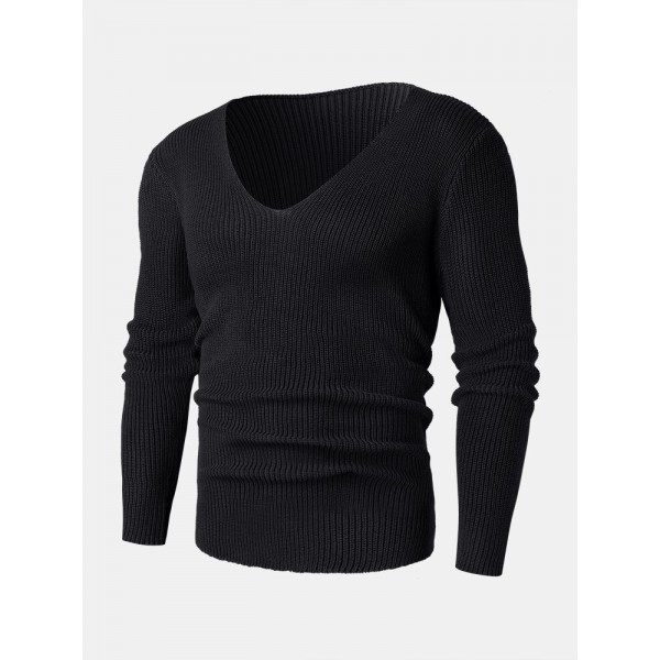 Mens Solid Rib-Knit V-Neck Basic Long Sleeve Pullover Sweaters 